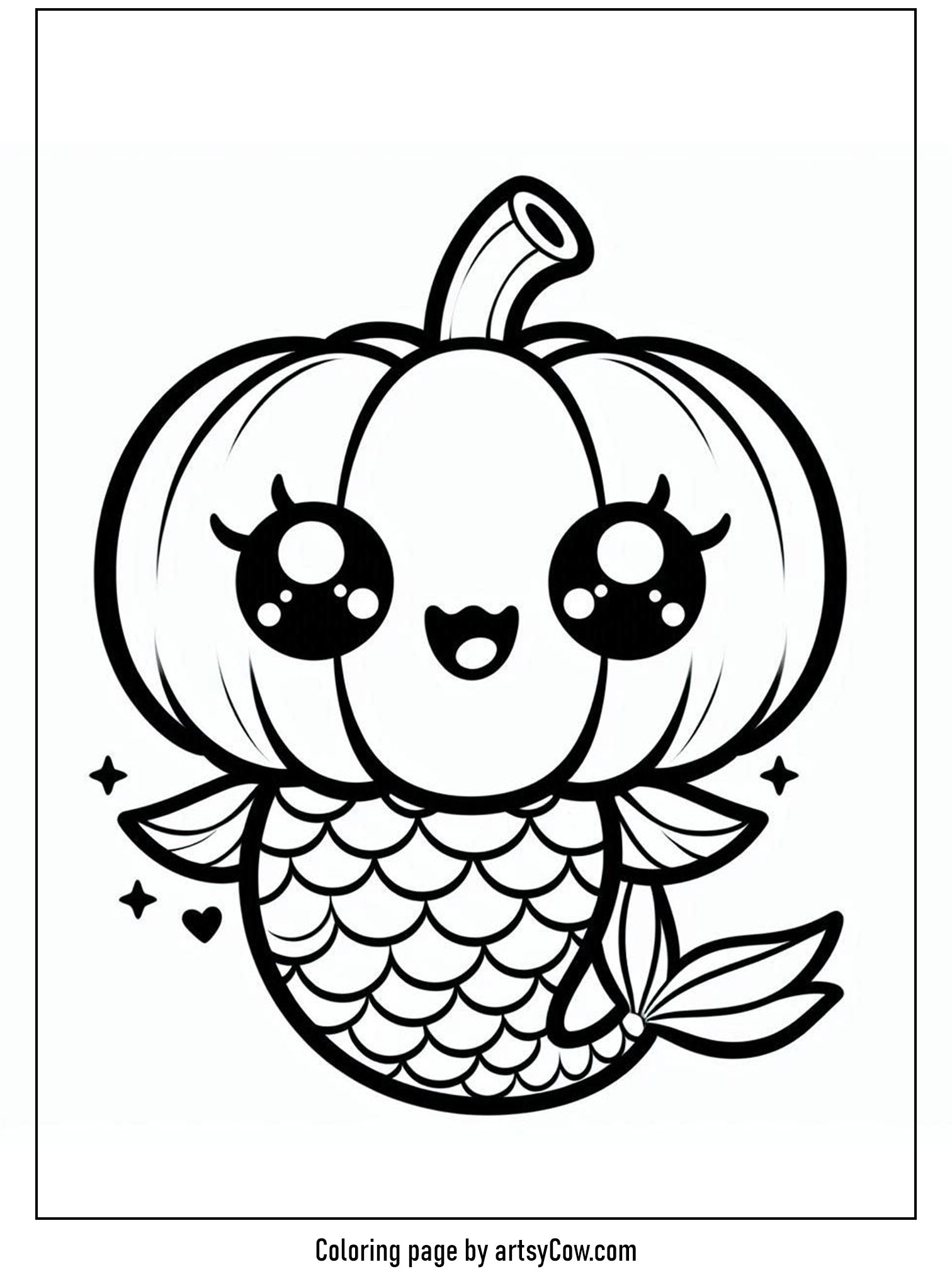 halloween coloring pages with jack-o-lantern, featuring a unique pumpkin with a fish-like tail and aquatic features, for a thematic coloring experience.